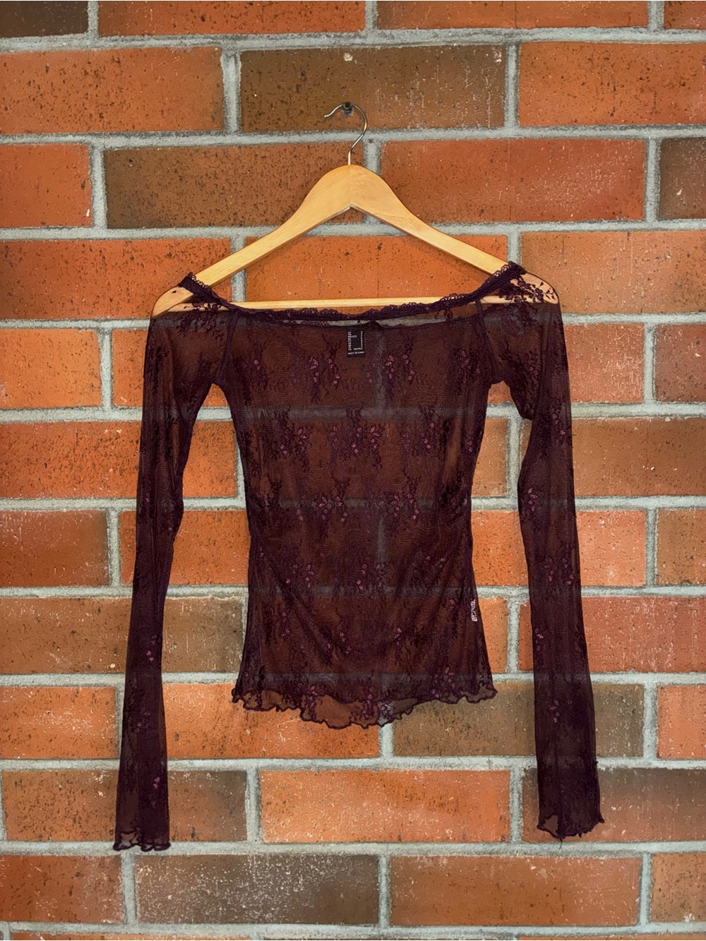 Forever 21 Sheer Lace Off-Shoulder Long Sleeve Top - Plum